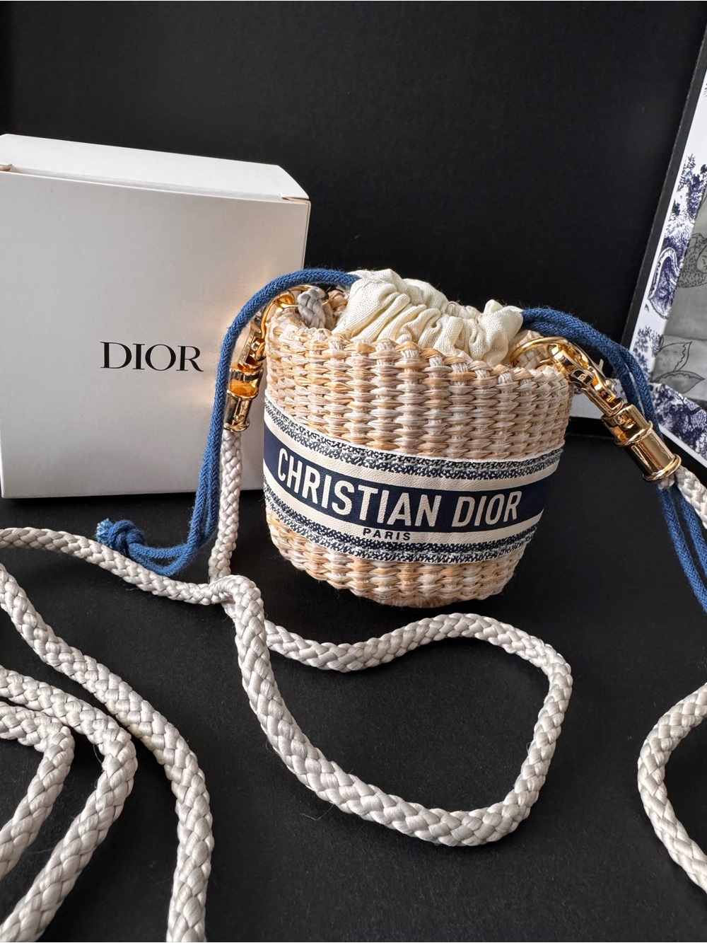 Dior Straw Bucket Crossbody Bag in Natural and Navy with Gold Hardware